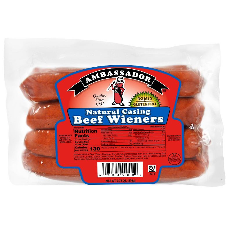 Ambassador Natural Casing Beef Wieners - 9.75oz