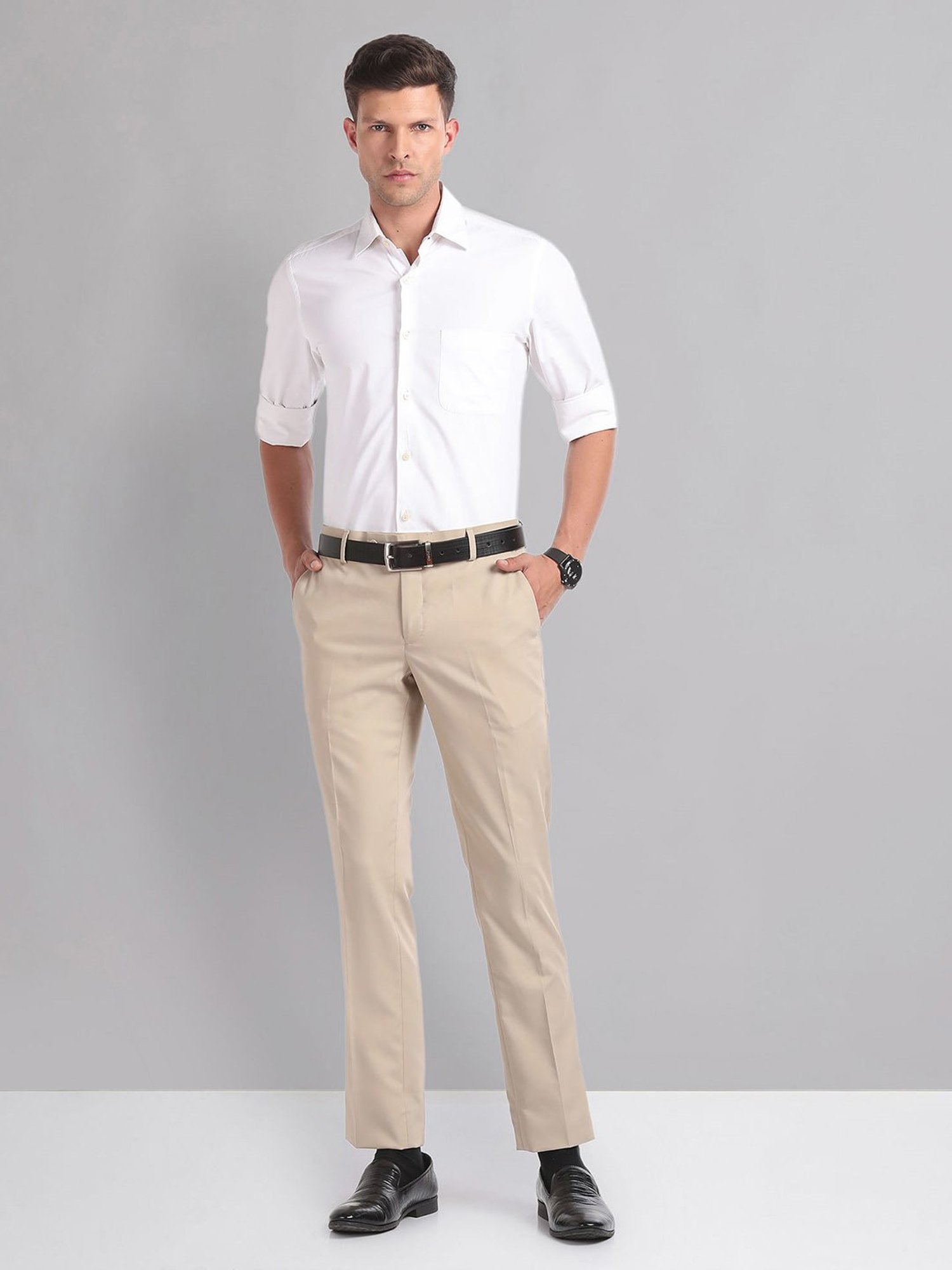 AD by Arvind Light Beige Slim Fit Textured Flat Front Trousers