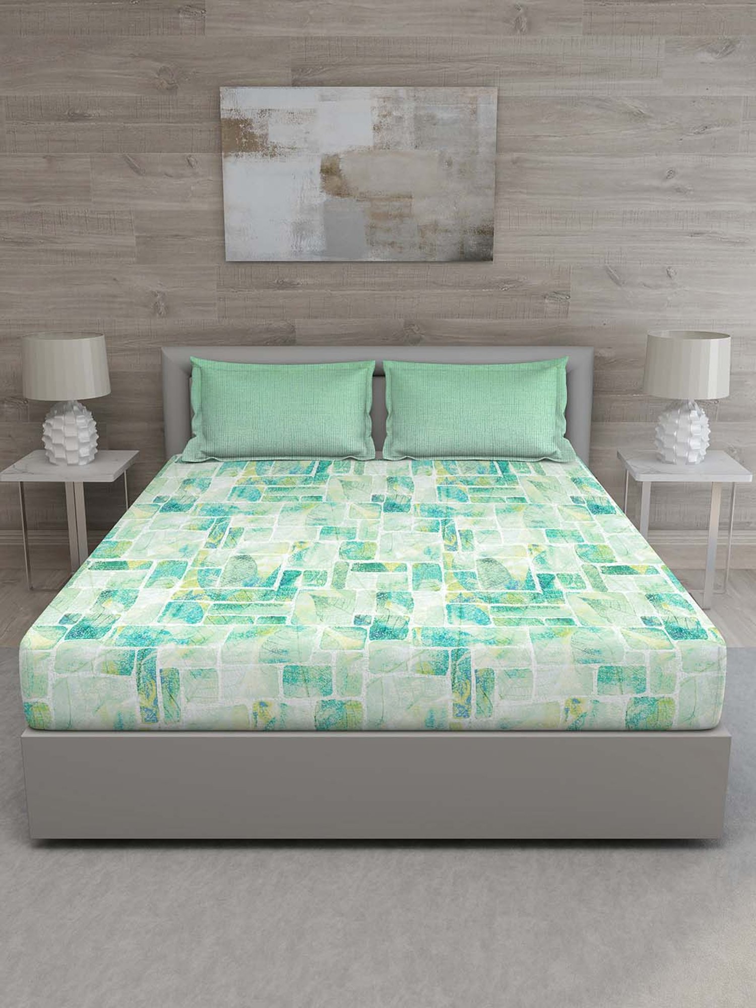 GM Green 100% Cotton 144 TC Queen Bedsheet Set