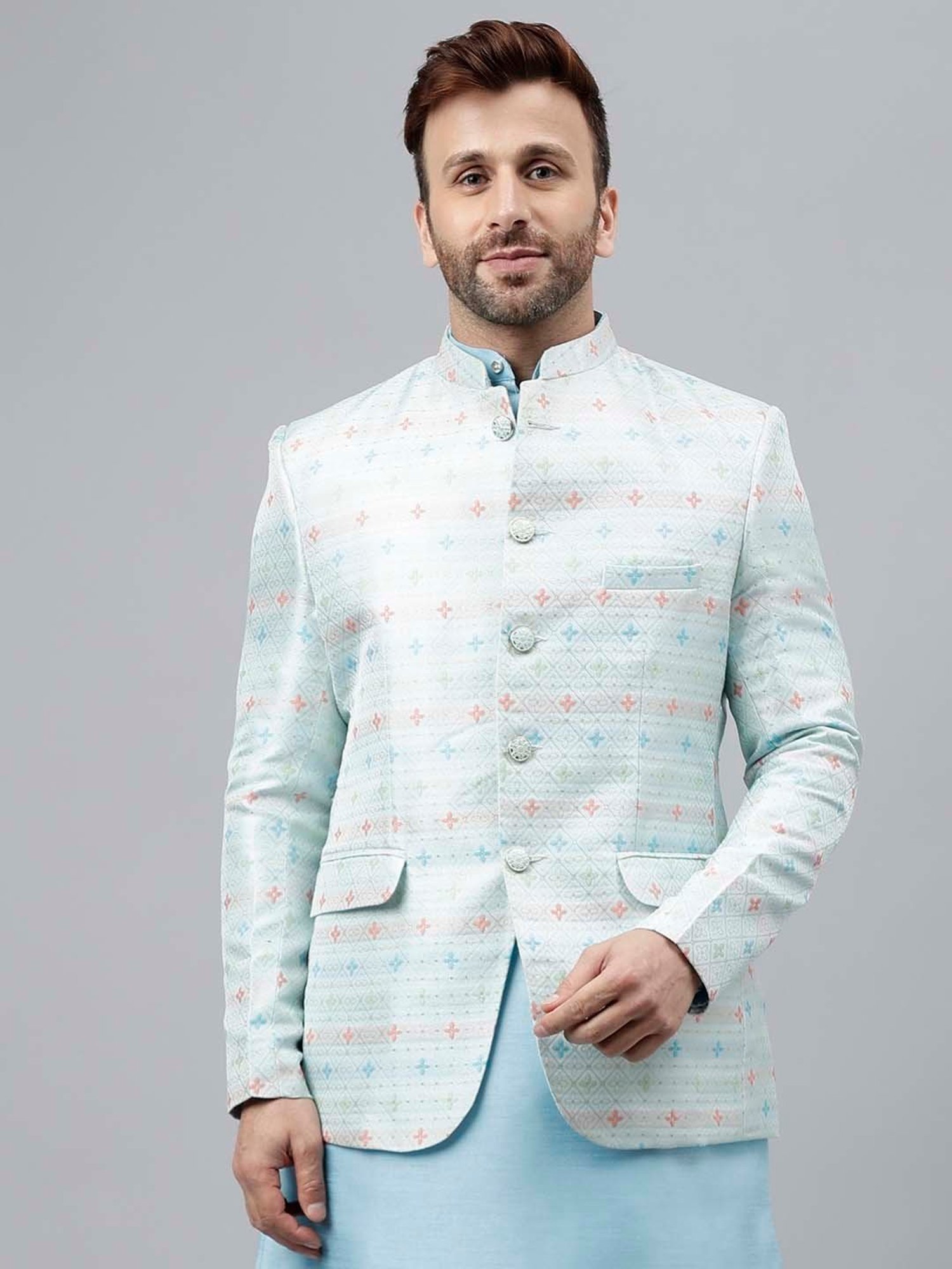 Hangup Light Aqua Regular Fit Ethnic Blazer