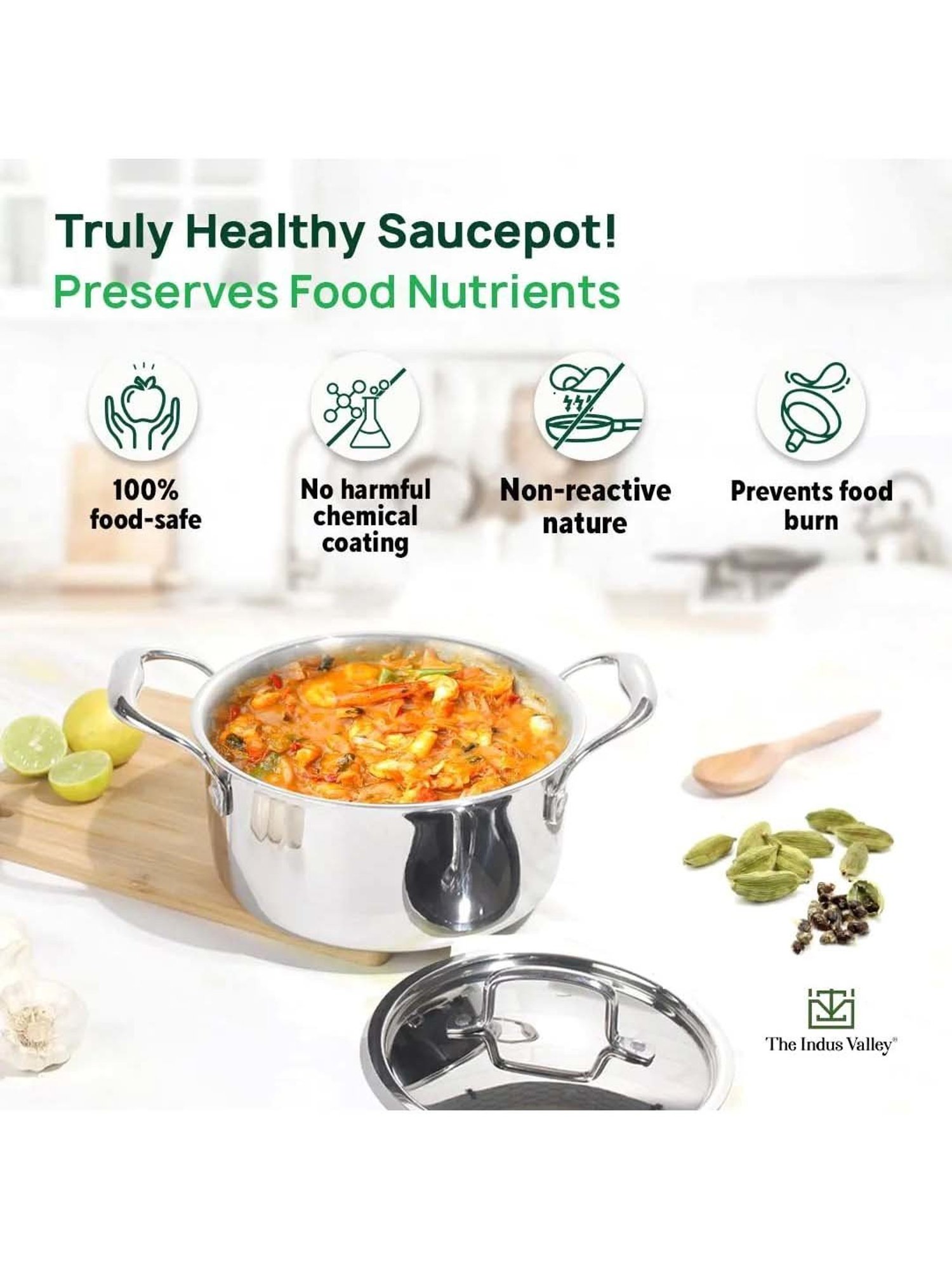 The Indus Valley Silver Stainless Steel 22 cm Induction Friendly Saucepot With Lid (3.1 L)