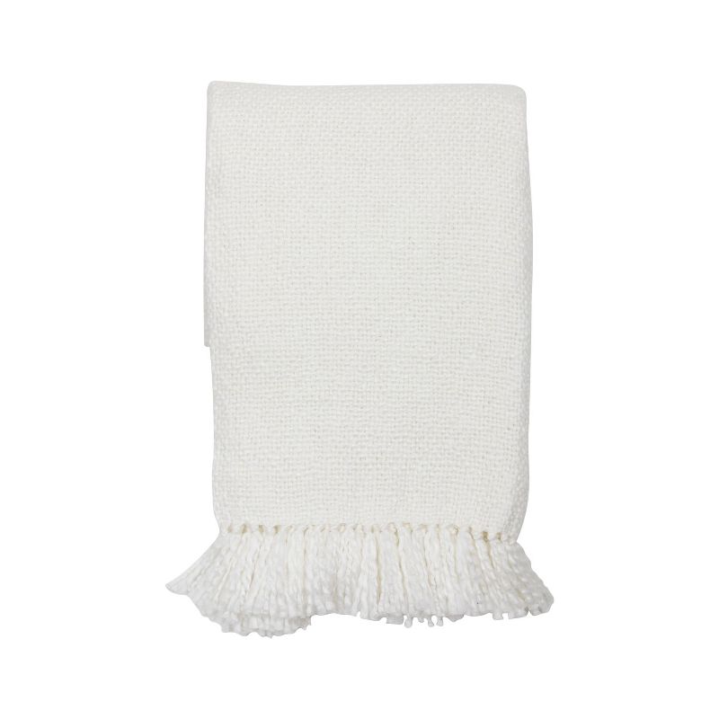 White Hand Woven 50 x 60 inch Acrylic Throw Blanket with Hand Tied Fringe  - Foreside Home & Garden