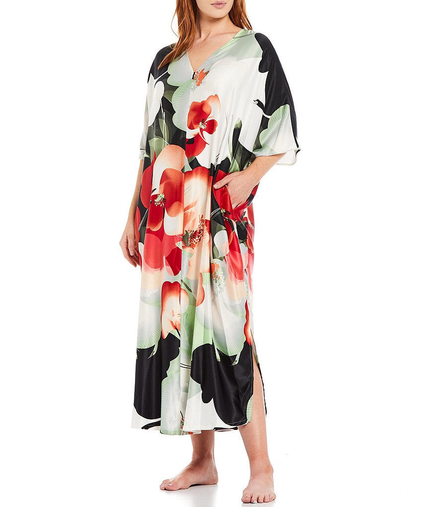 iRelax Printed Recycled-Knit Short Sleeve V-Neck Caftan