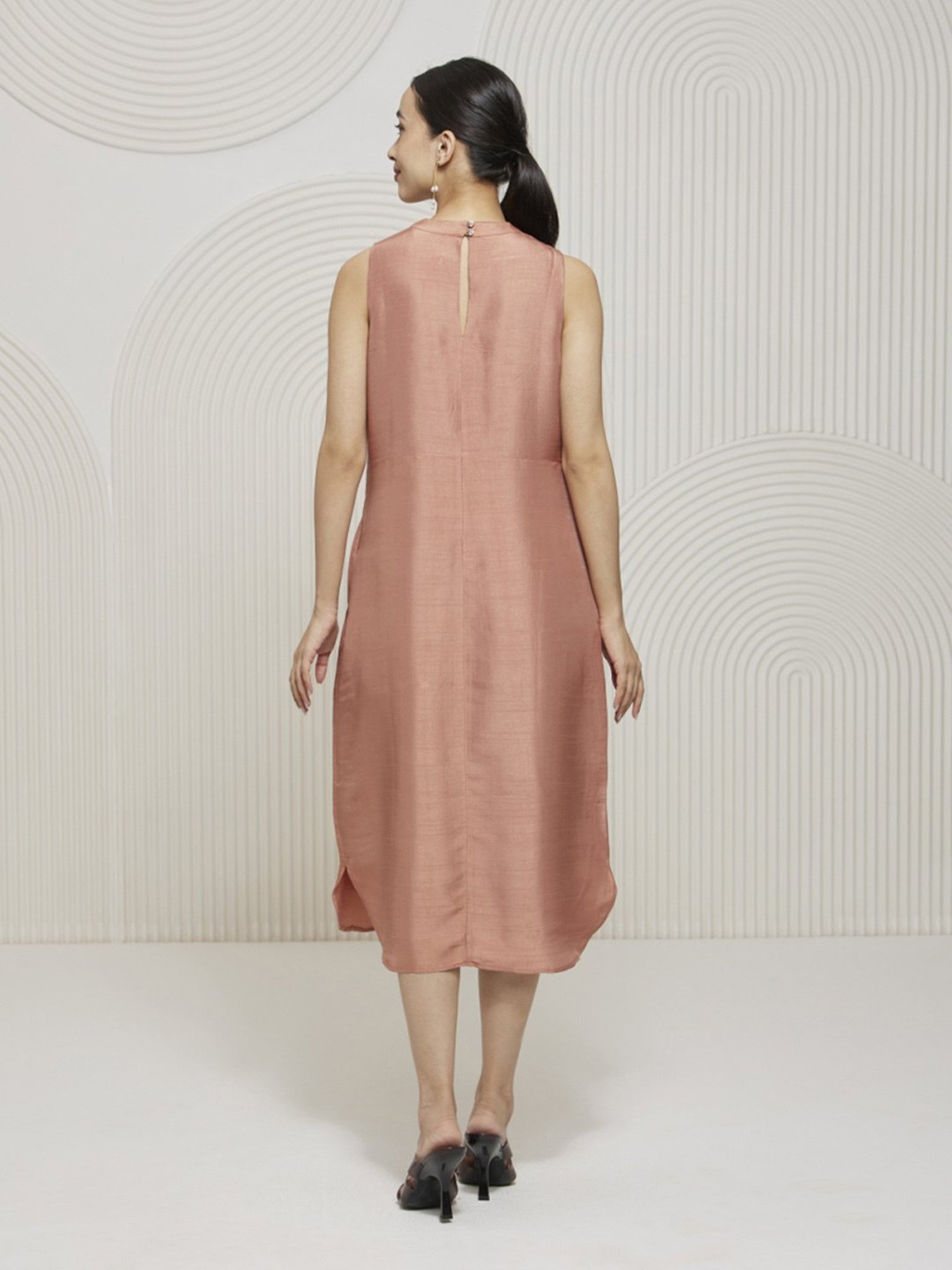 Artagai Salmon Pink Elevated Basics Band Collar Sleeveless Dress with Curved Hemline