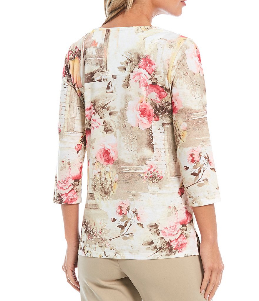 Allison Daley Petite Size Country Garden Print Rhinestone Embellished Detail 3/4 Sleeve Jewel Neck Top