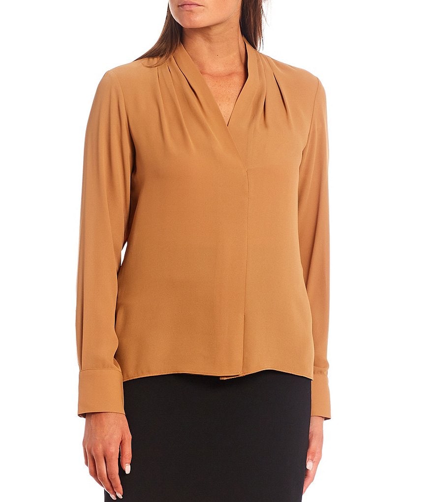 Preston & York Caroline Bow Woven V-Neck 3/4 Sleeve Blouse