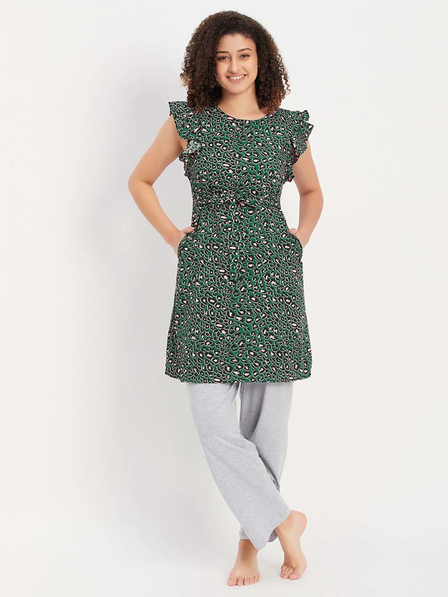 Clovia Green & Grey Printed Night Dress Pyjamas Set