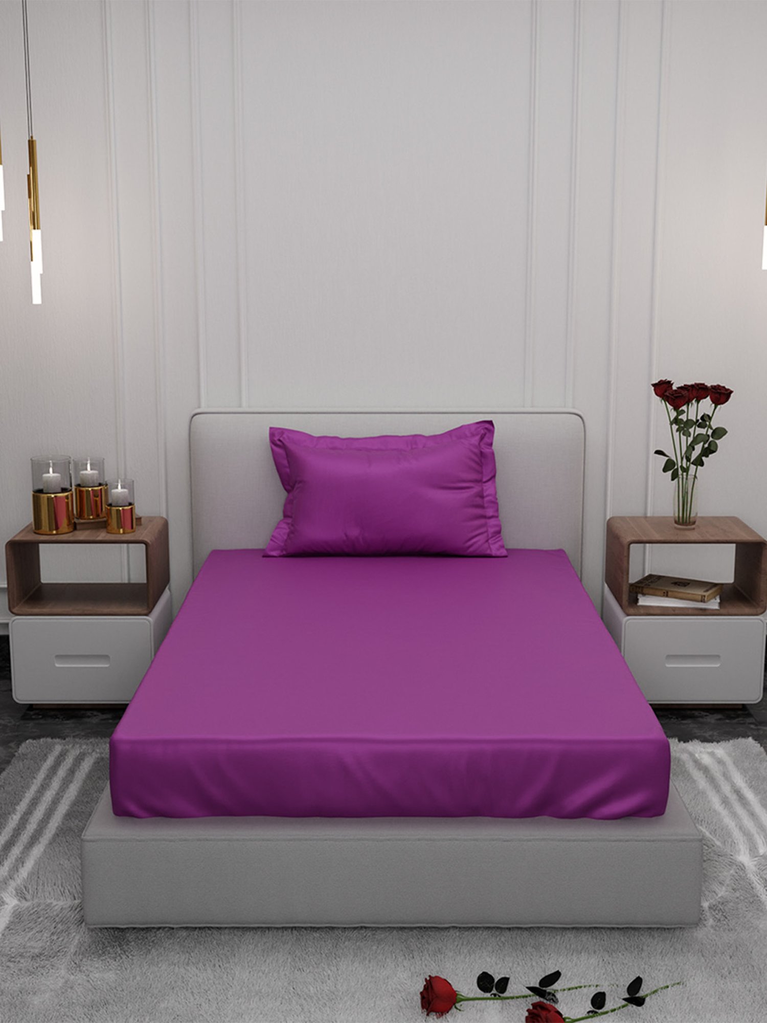 Stoa Paris Purple 300 TC Polyester Single Fitted Sheet with 1 Pillow Cover