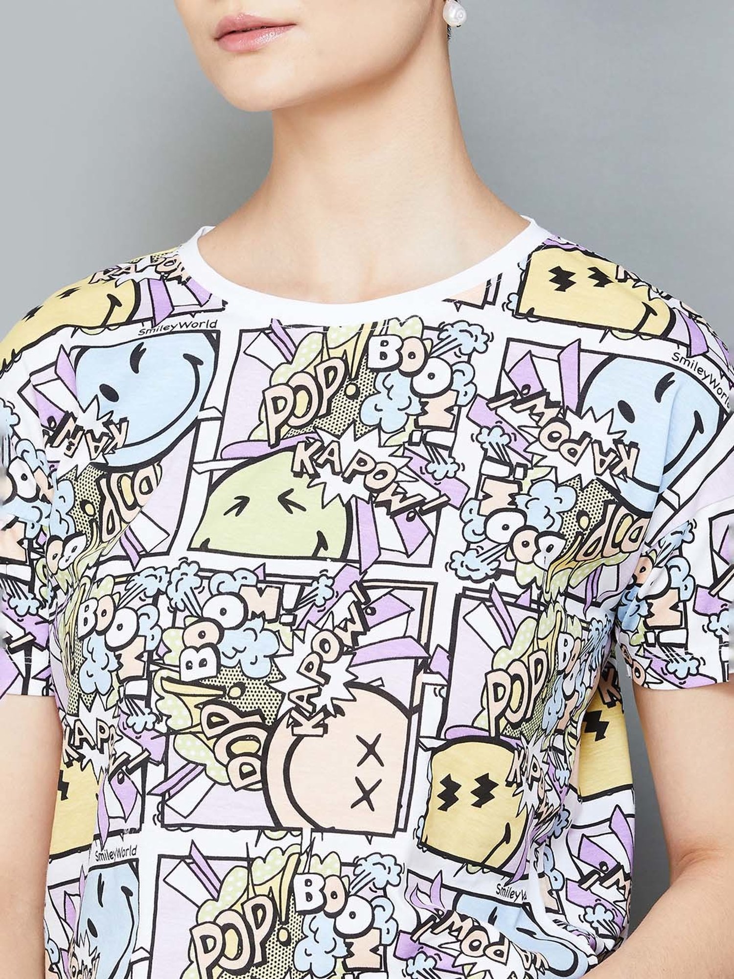 SmileyWorld Multicolored Cotton Printed Crop T-Shirt