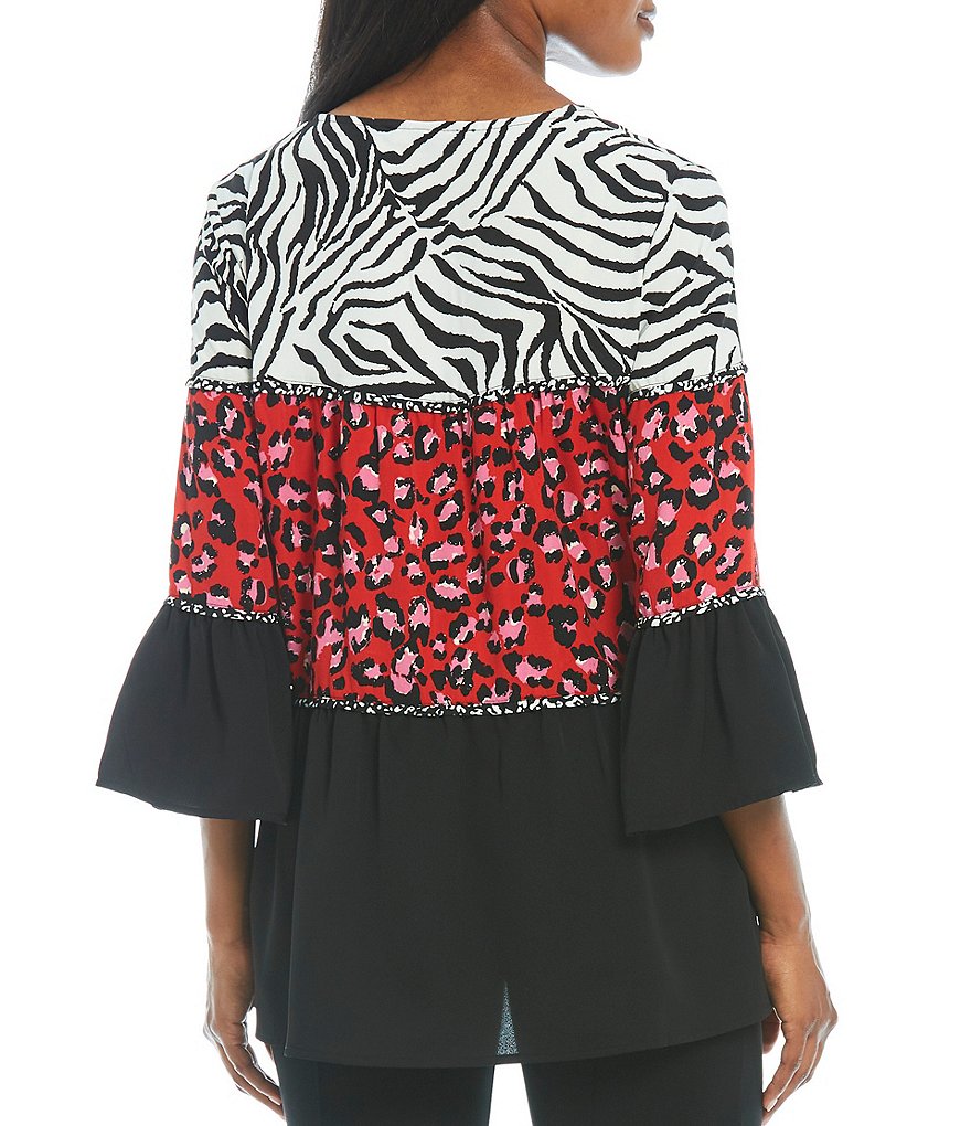 Calessa Jewel Neck Tiered Patchwork Animal Print Tunic