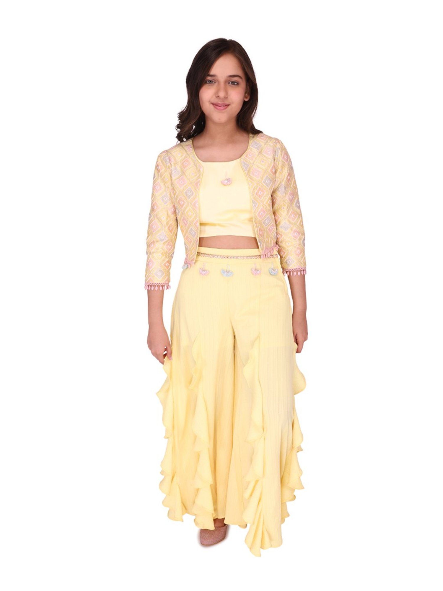 Cutecumber Kids Yellow Embroidered  Choli,  Shrug &  Plazzos