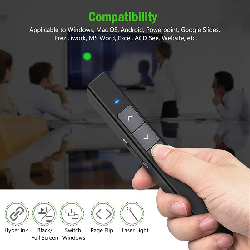 Wireless Presenter Rechargeable Presentation Powerpoint Clicker Green Light USB Remote Control Hyperlink Slide Advancer 24GHz