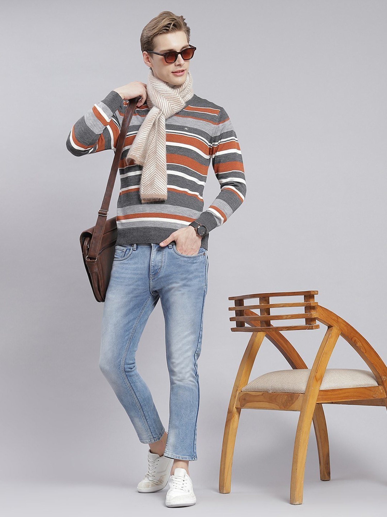 Monte Carlo Mid Grey Regular Fit Striped Sweater