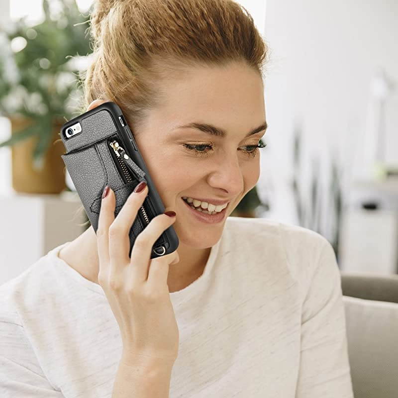 Wallet Case Compatible with iPhone 6 Plus iPhone 6S Plus Case Wallet Card Holder Case with Wrist Chain Crossbody Strap Zipper Case for iPhone 6 PlusiPhone 6S Plus 55 inchesBlack