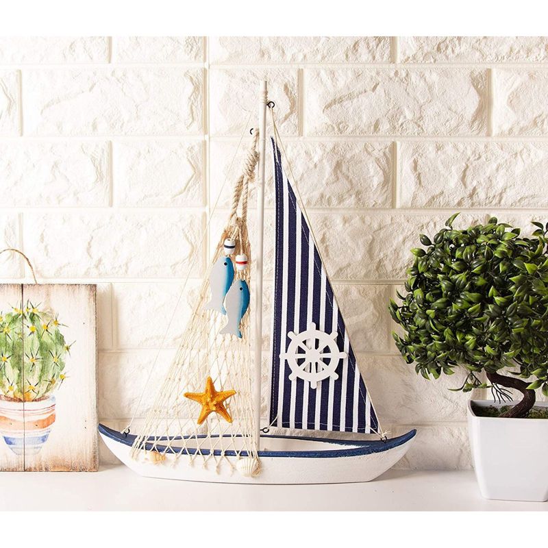 Juvale Wooden Sailing Boat Home Decor, Beach Nautical Design Sailboat with Ship's Wheel, 13 x 15 x 3 In
