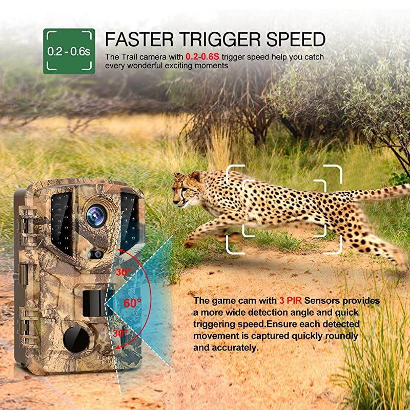 Trail Camera 16MP Full HD Night Vision 1080P Hunting Camera with 3 Infrared Sensors, Time Lapse and 0.2s Trigger Speed Wildlife Camera, Waterproof IP66