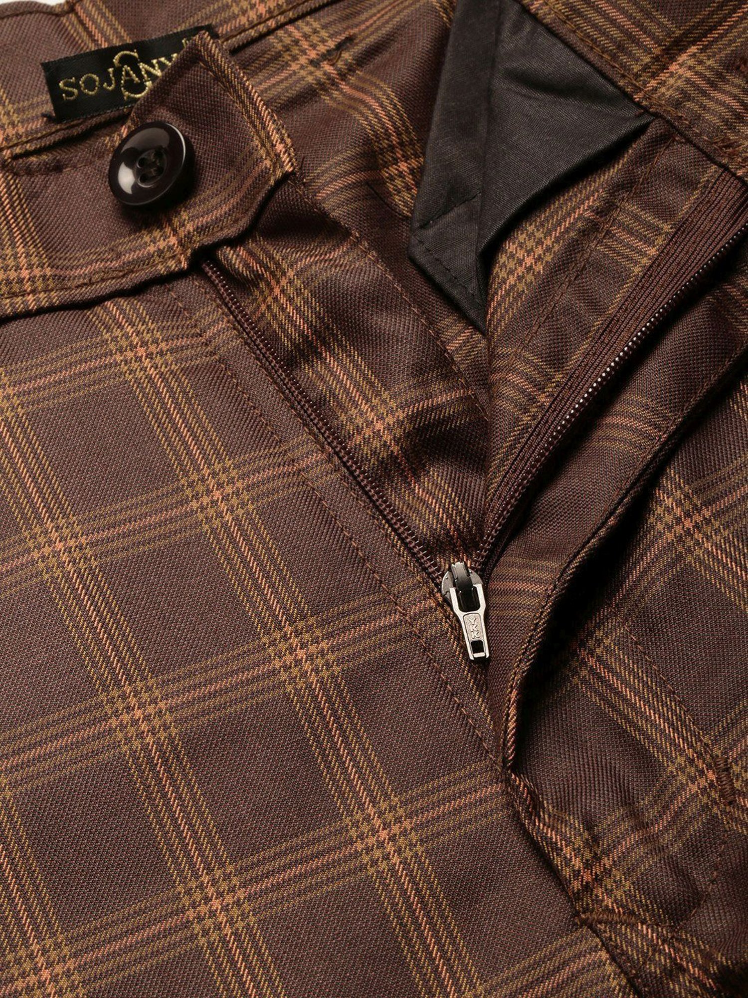 Sojanya Brown Cotton Regular Slim Fit Checks Flat Front Trousers