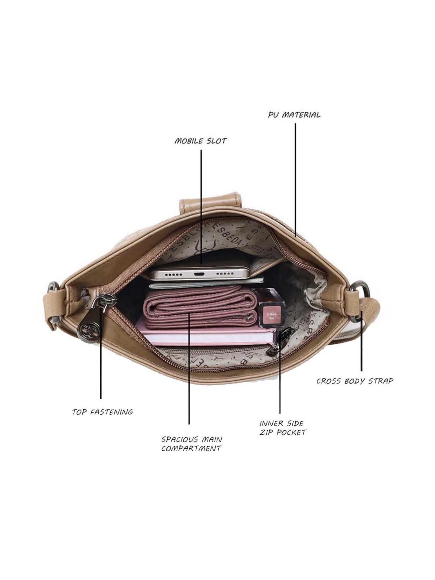 Esbeda Beige Solid Small Sling Handbag