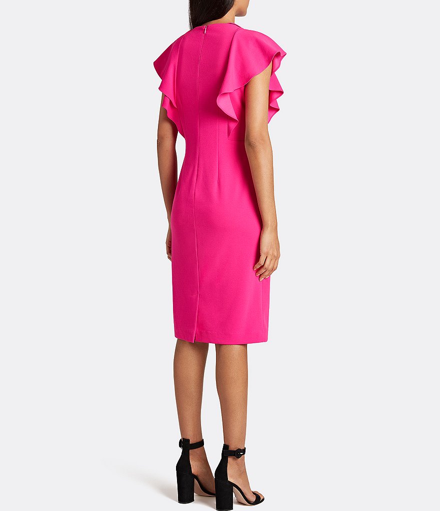 Tahari ASL Ruffle Stretch Crepe Jewel Neck Short Flutter Sleeve Sheath Dress
