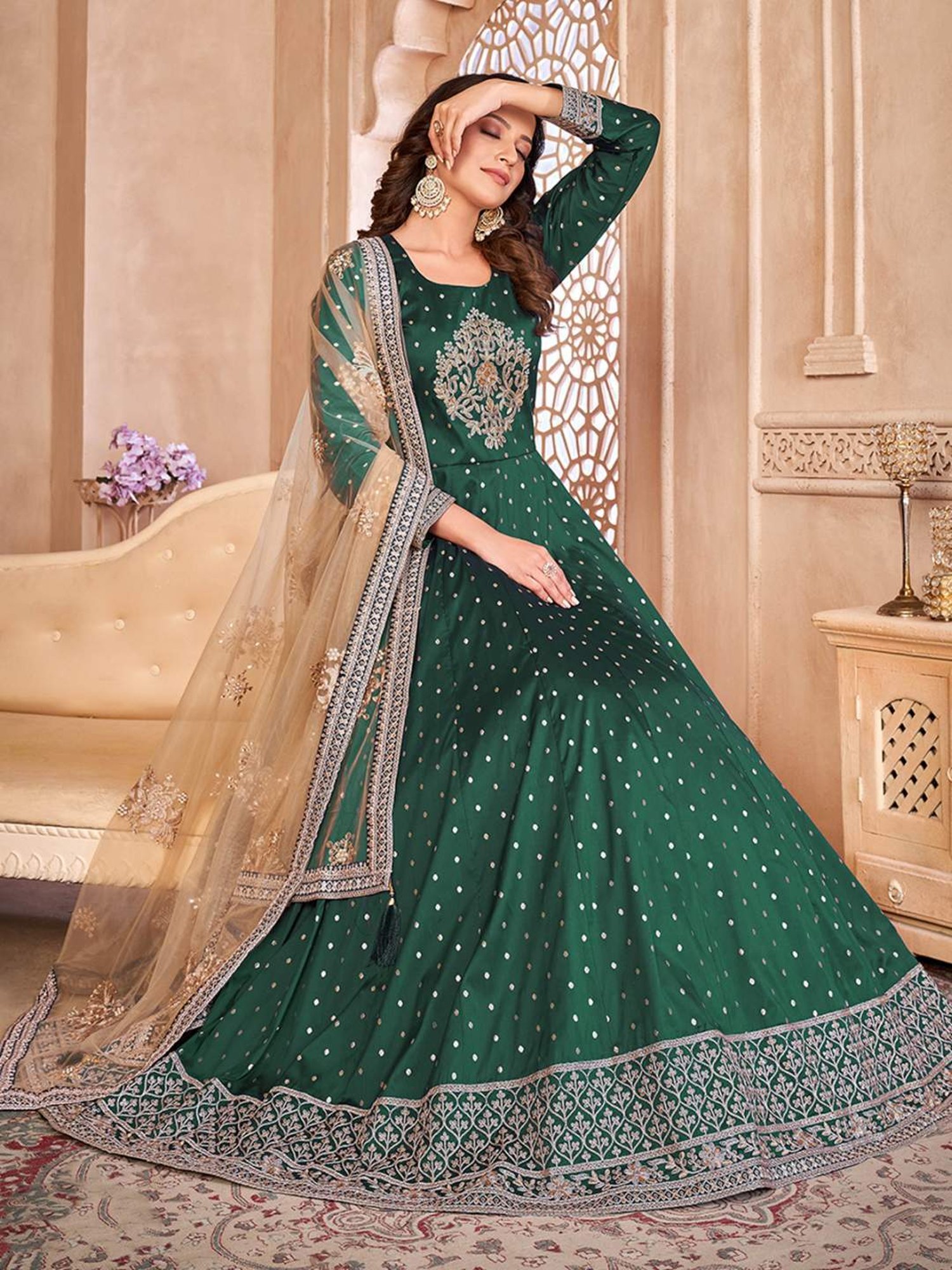 Odette Green Embroidered Unstitched Dress Material