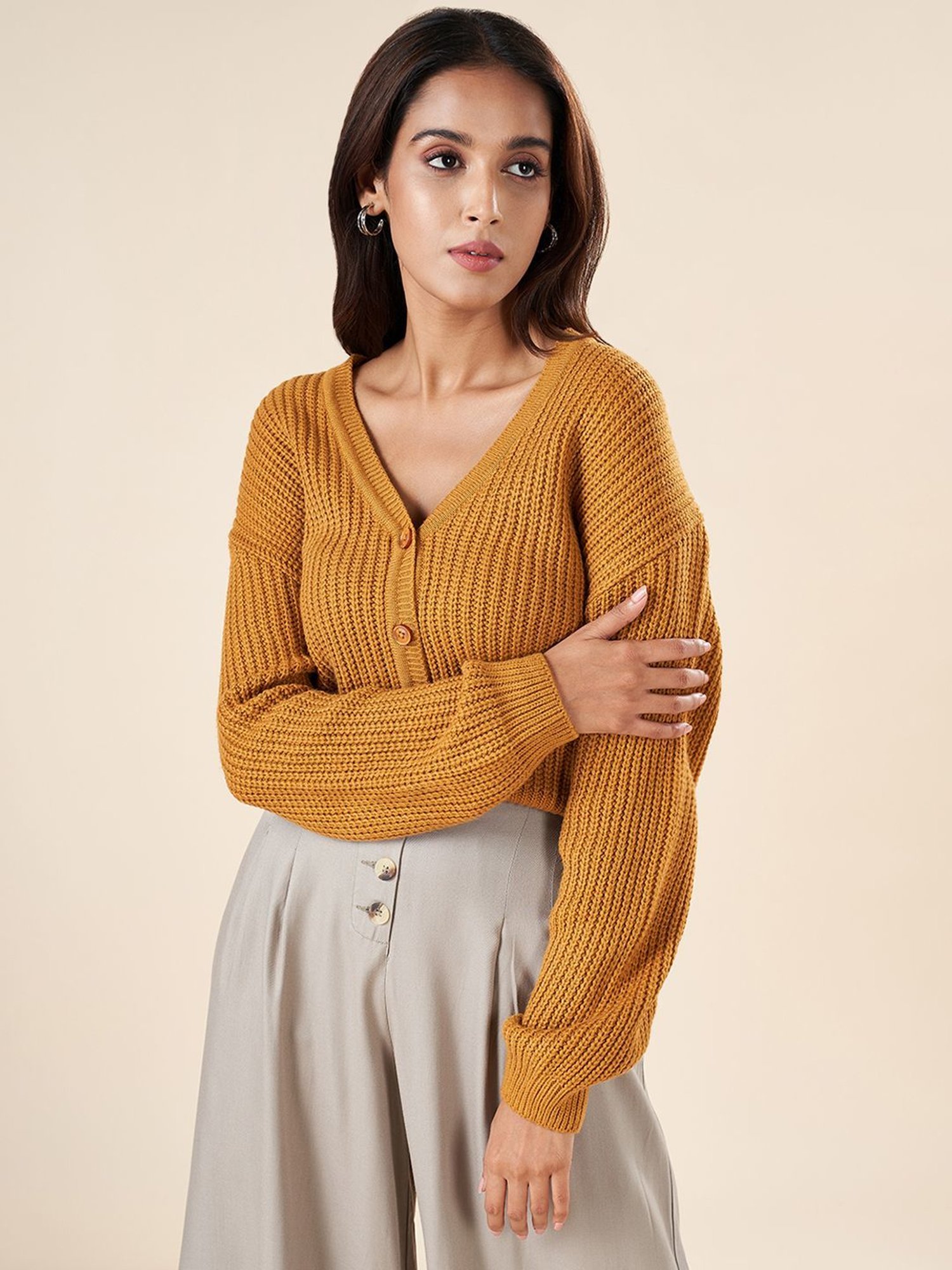 Akkriti by Pantaloons Mustard Crochet Pattern Cardigan