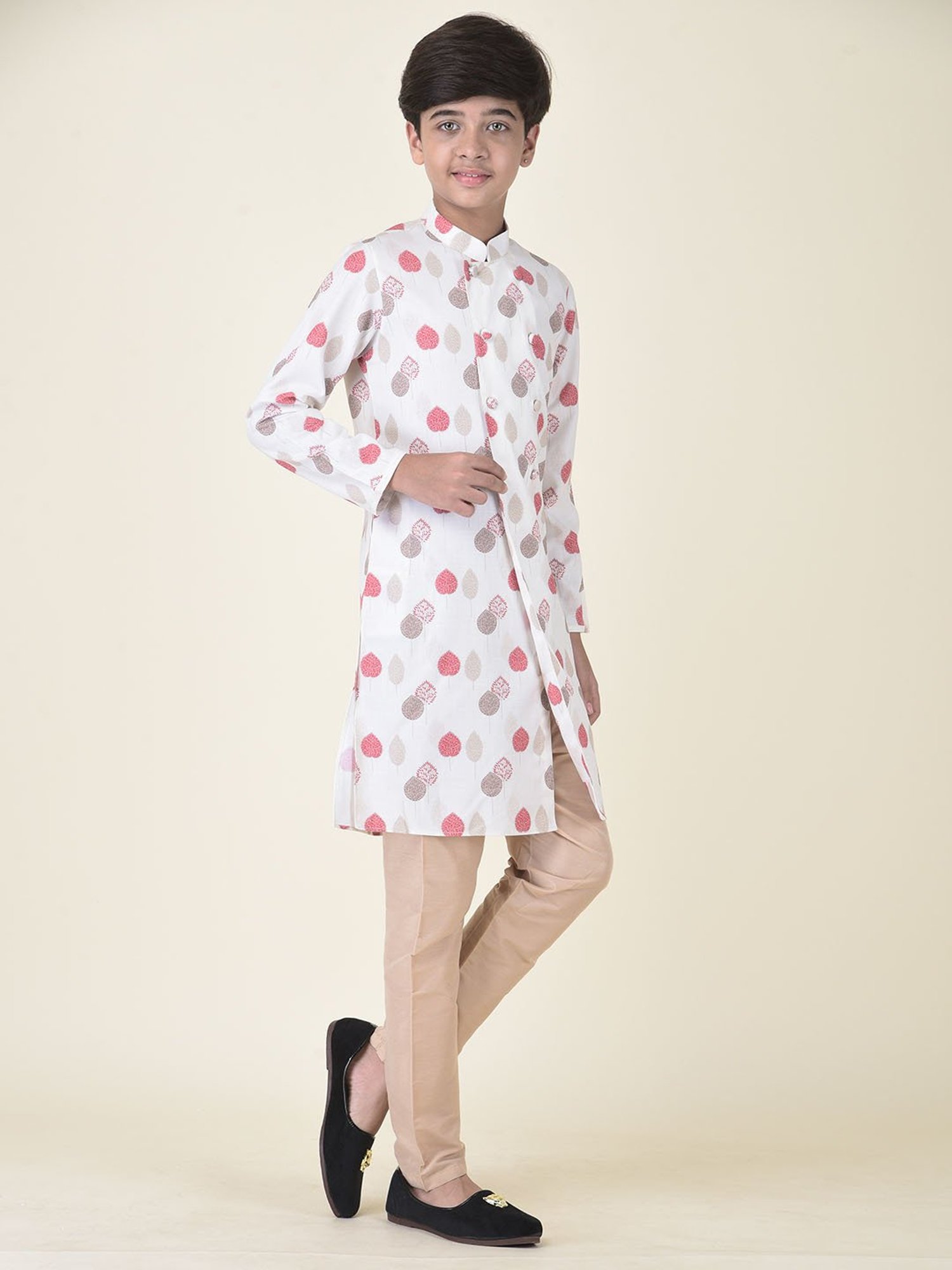 TABARD Kids White & Cream Printed Kurta + Pyjamas