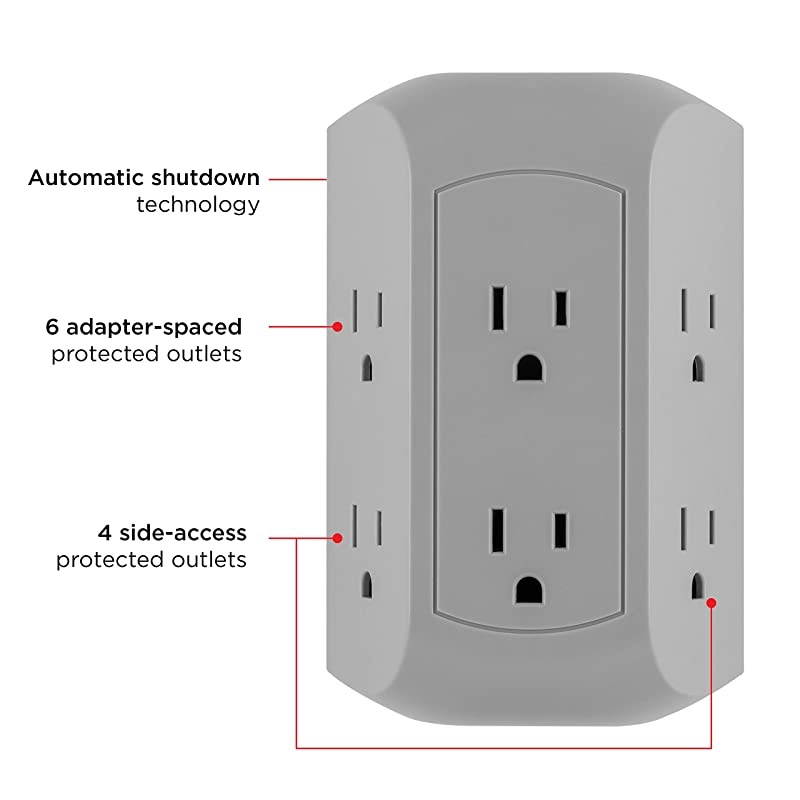UltraPro 6Outlet Sur Protector Adapter Spaced 3Prong Power Strip Wall Tap Charging Station Side Access Gray 47823