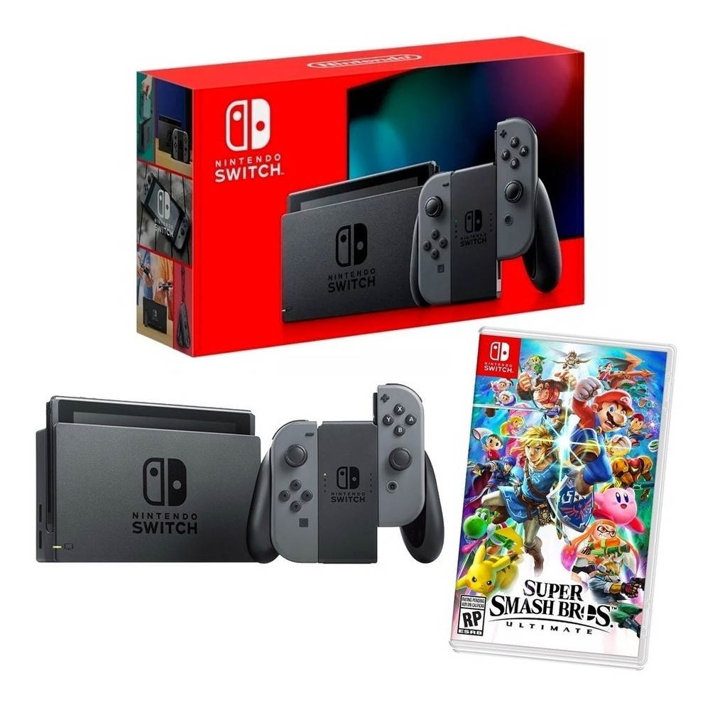 2019 New Nintendo Switch Gray Joy-Con Improved Battery Life Console Bundle with Super Smash Bros. Ultimate