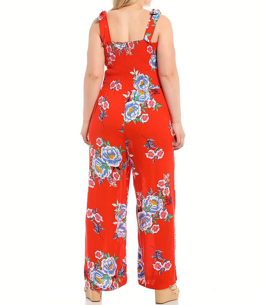 Jessica Simpson Plus Size Romie Comic Floral Print Square Neck Tie-Shoulder Detail Smocked Sleeveless Jumpsuit
