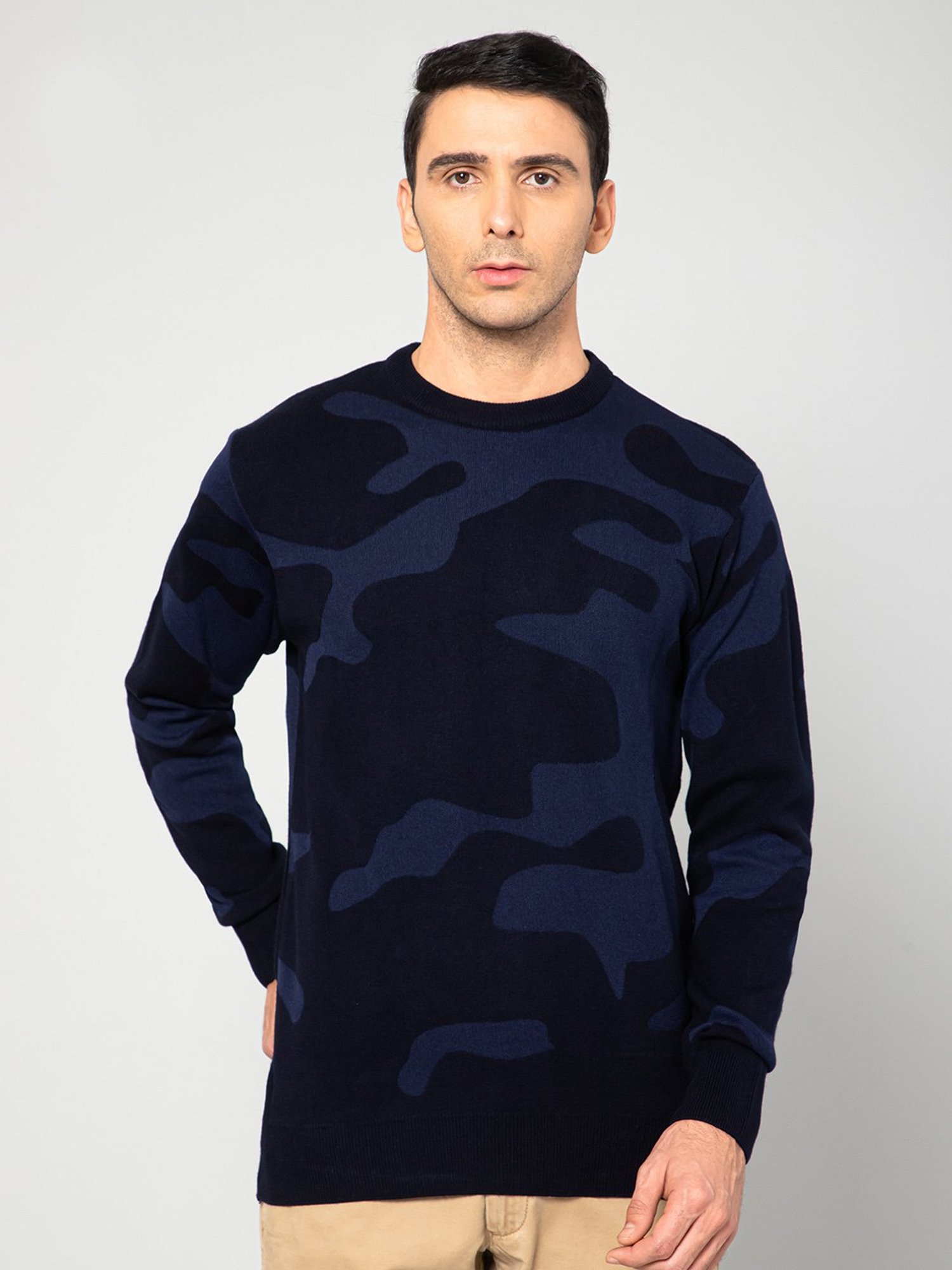 Cantabil Navy Regular Fit Self Design Sweater