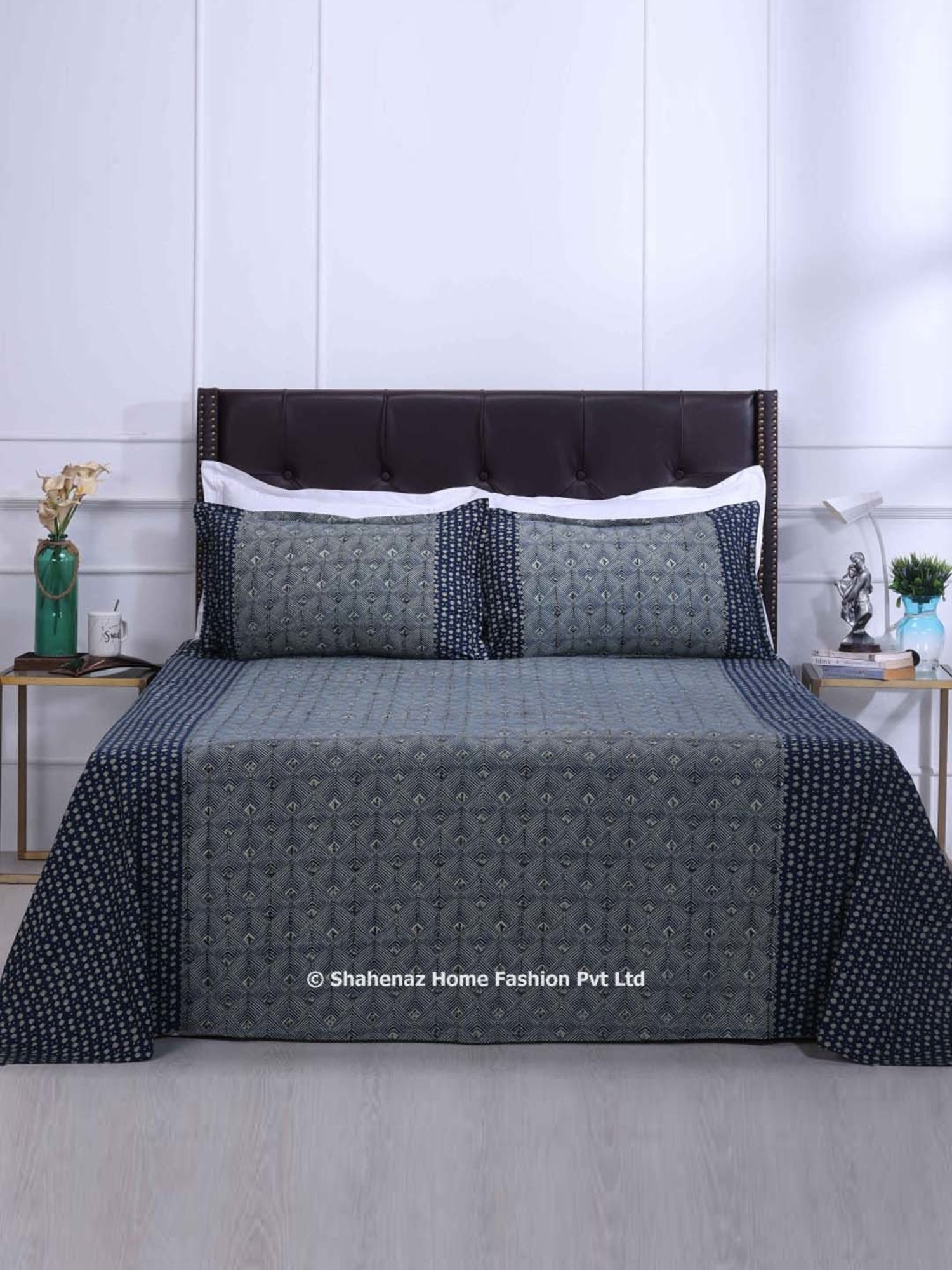 Shahenaz Navy Blue 120 TC Cotton Rahat Double Bedsheet with 2 Pillow Covers
