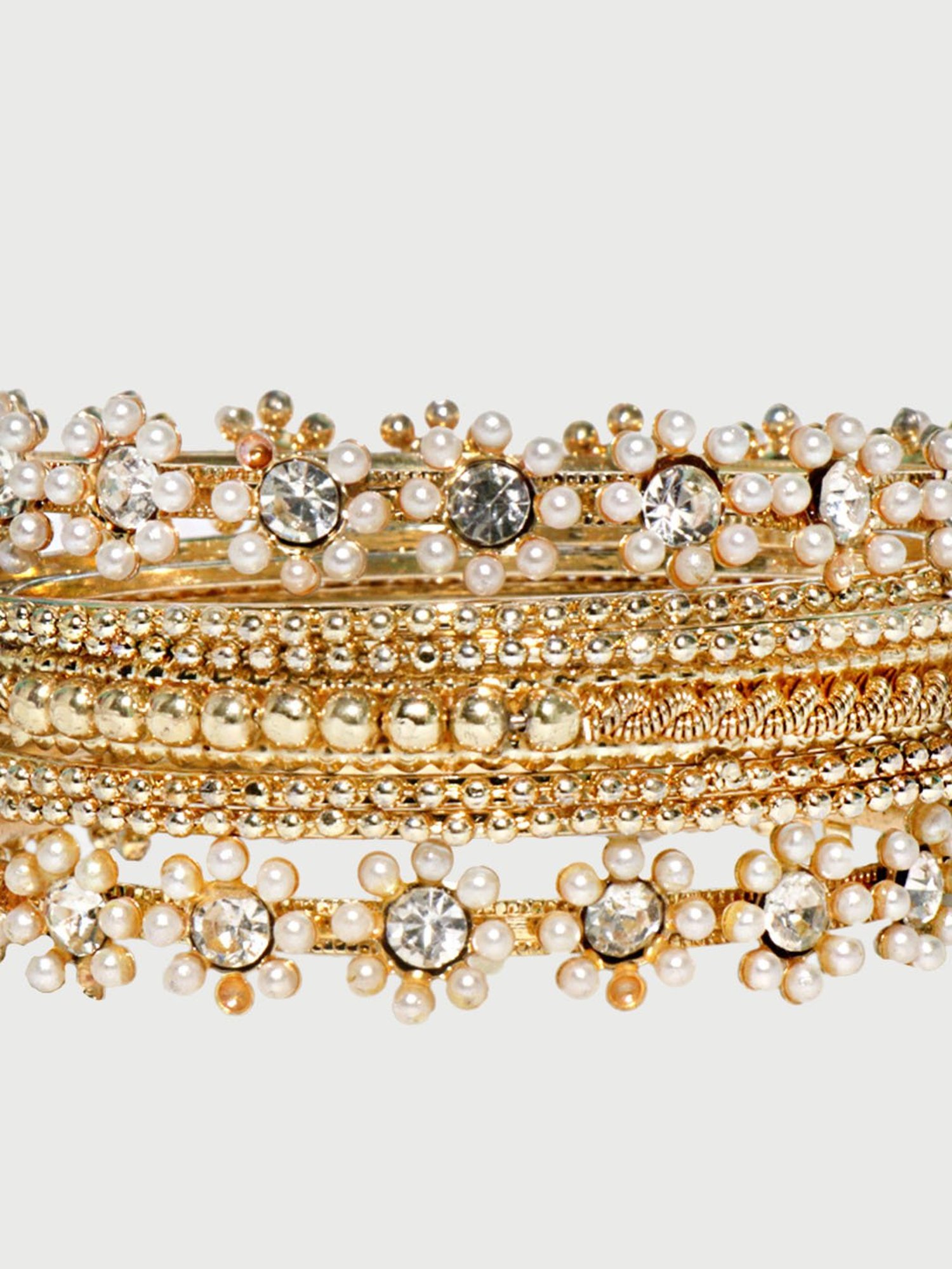 Fida Gold-Plated White Stone-studded & Beaded Bangle for Women - Set of 9