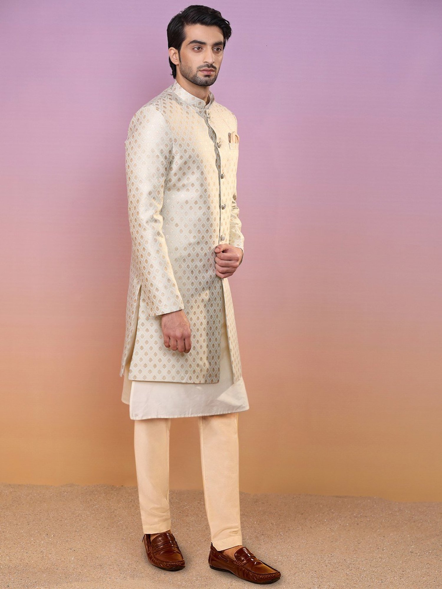 Kisah Beige Regular Fit Jacquard Sherwani Set