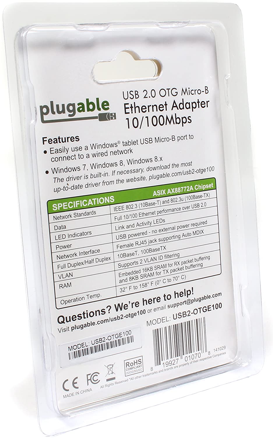 Plugable USB 2.0 OTG Micro-B to 100Mbps Fast Ethernet Adapter Compatible with Windows Tablets, Raspberry Pi Zero, and Some Android Devices (ASIX AX88772A chipset)