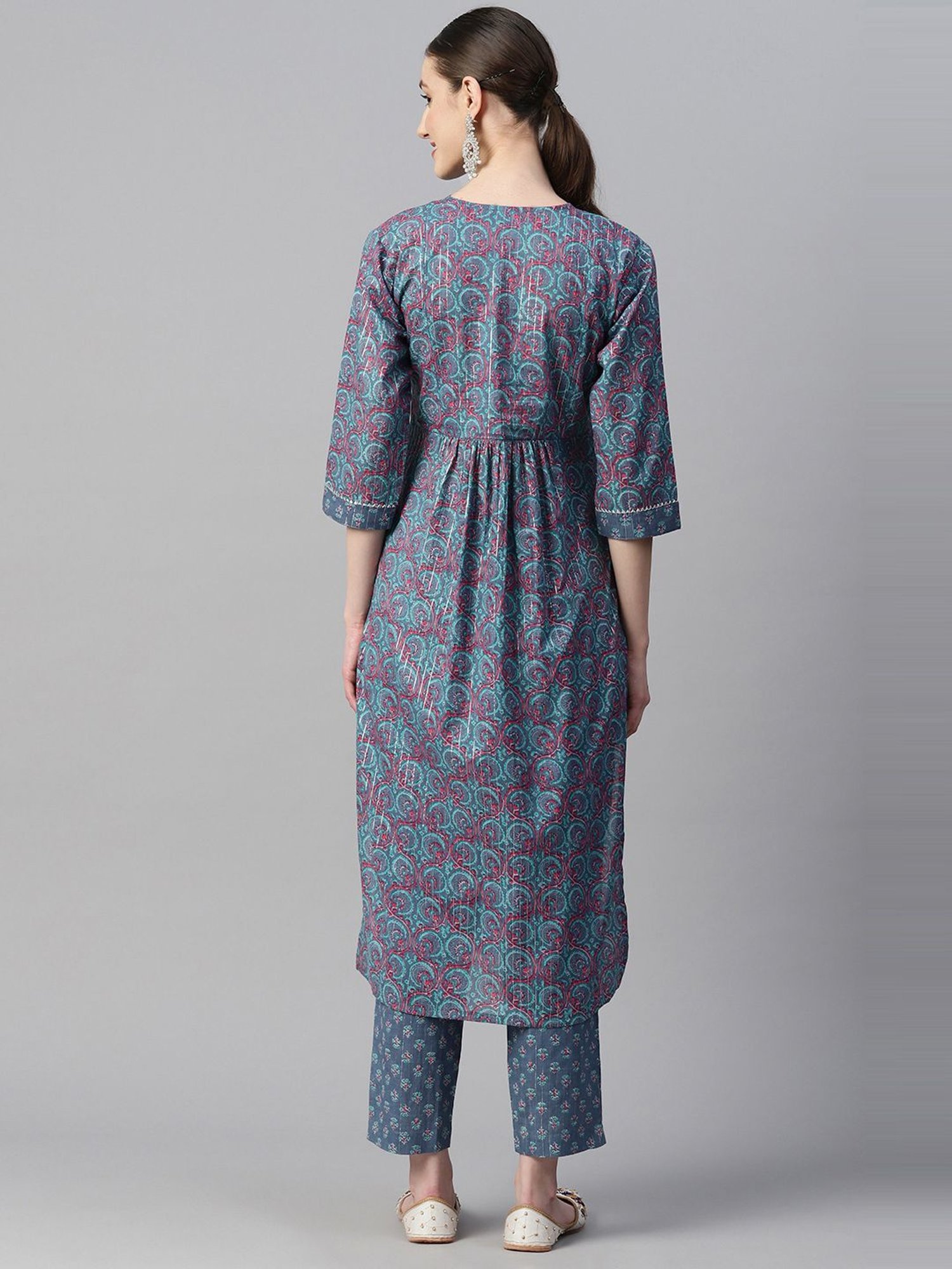 Indibelle Blue Cotton Floral Print Kurta Pant Set