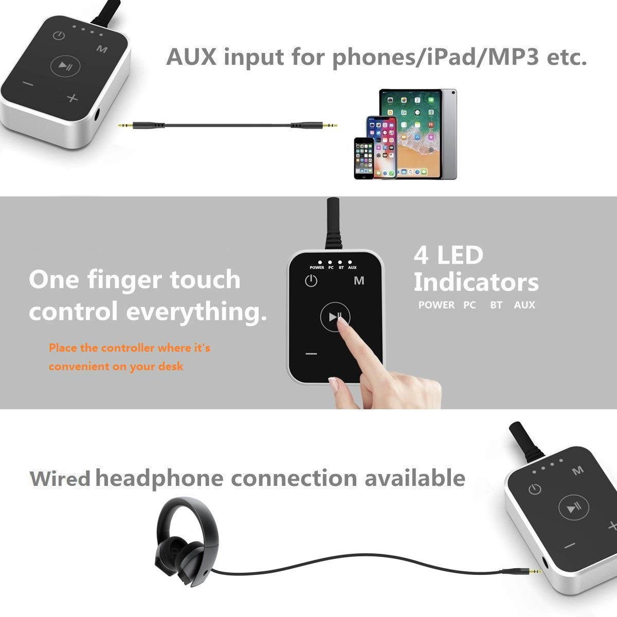 KEiiD PC Computer Speaker Compact Bluetooth Stereo System with Aluminum Housing for Laptop Desktop PC Gaming Computers, Unique Touch Controller, Built-in Bluetooth 5.0 Receiver for Wireless Streaming