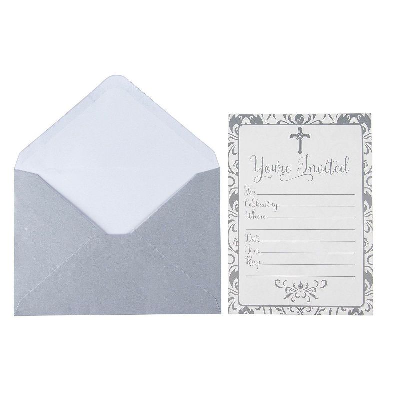 60-Pack Religious Invitations - Christian Invitation Cards, Silver Cross and Floral Pattern, Baptism, Church Events, Envelopes Included, 5x7"