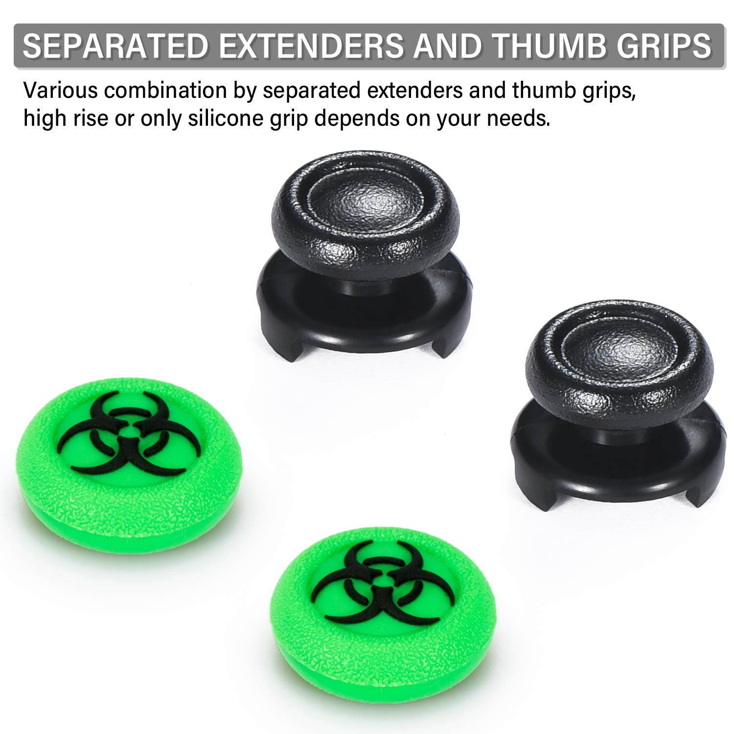 FPS Thumbstick Extender & 3D Texture Rubber Silicone Grip Cover 2 Sets for PS5 Dualsenese & PS4 Controller (BioH Green)
