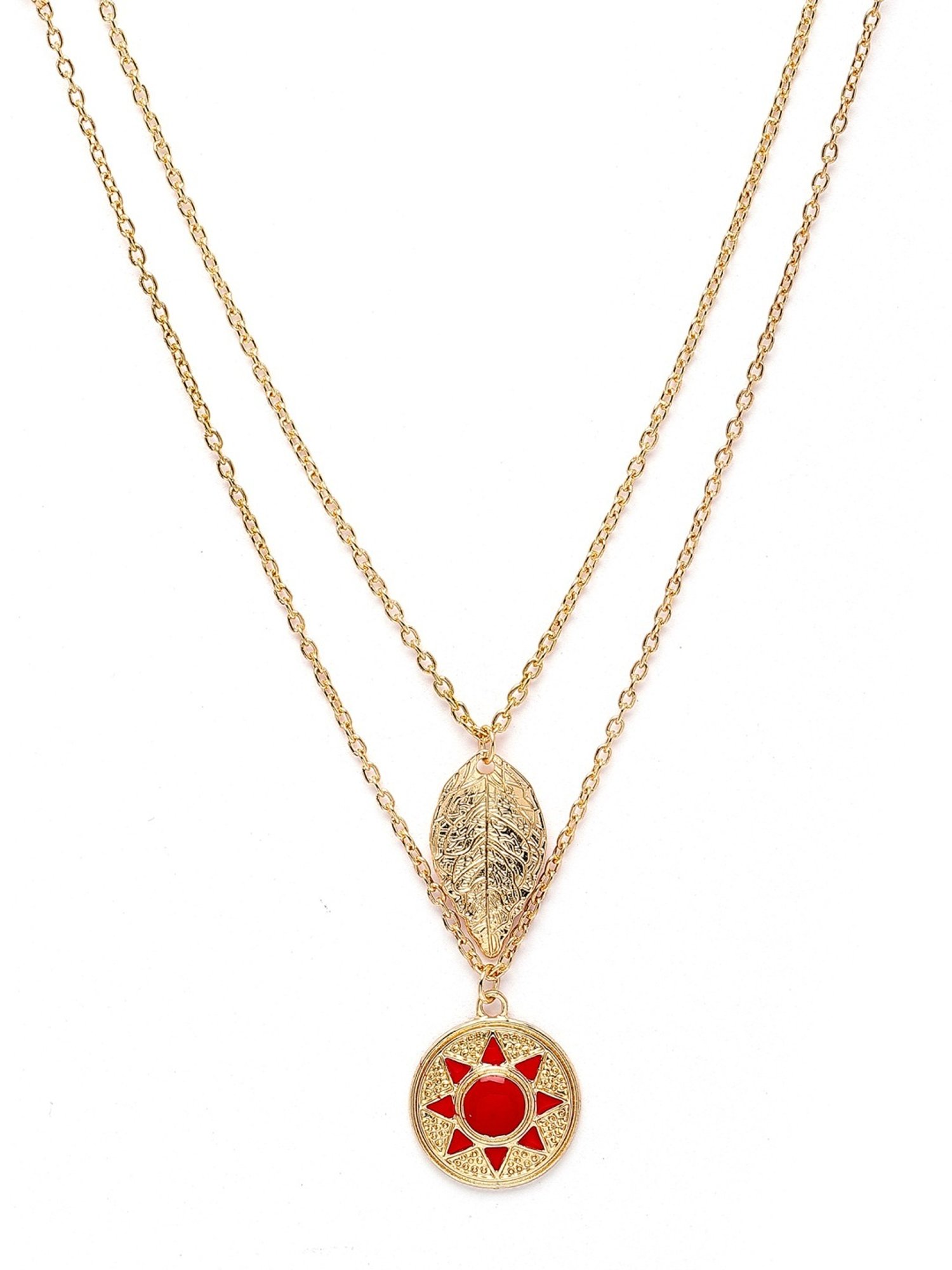 Karatcart Golden Red Meena Sun and Leaf Multicharm Multilayered Chain Women