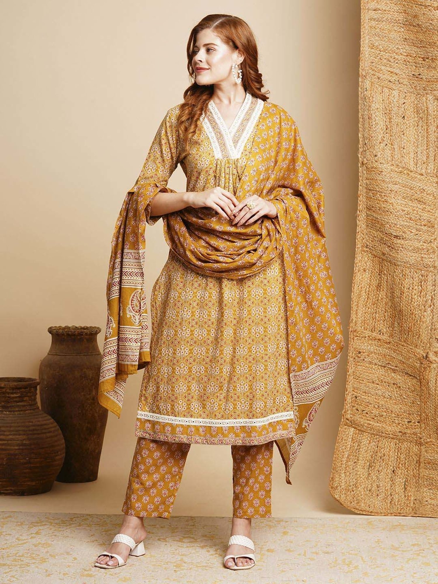 Fashor Mustard Cotton Printed Kurta & Pant Set With Dupatta