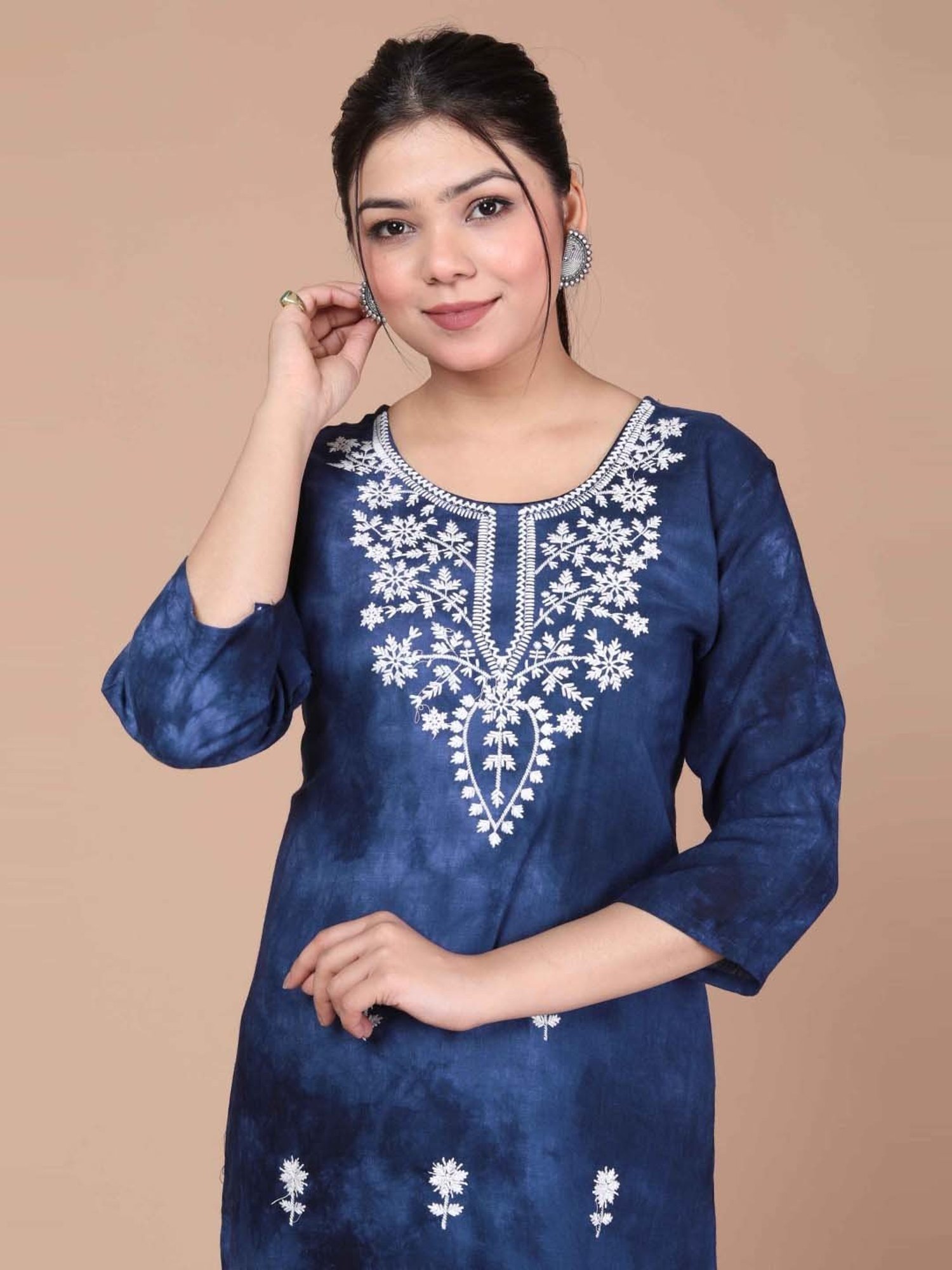 Miravan Blue Embroidered Straight Short Kurti
