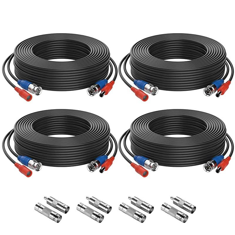 4 Pack 60Feet 18m 4K 8MP 5MP 1080P AllinOne CCTV Video Power Cables BNC Extension Security Wire Cord for Video Surveillance Camera DVR System With BNC RCA Connector and 100pcs Cable Clips