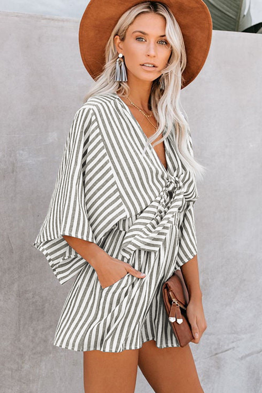 Grey Striped Print Tie Knot Front Romper With Pockets