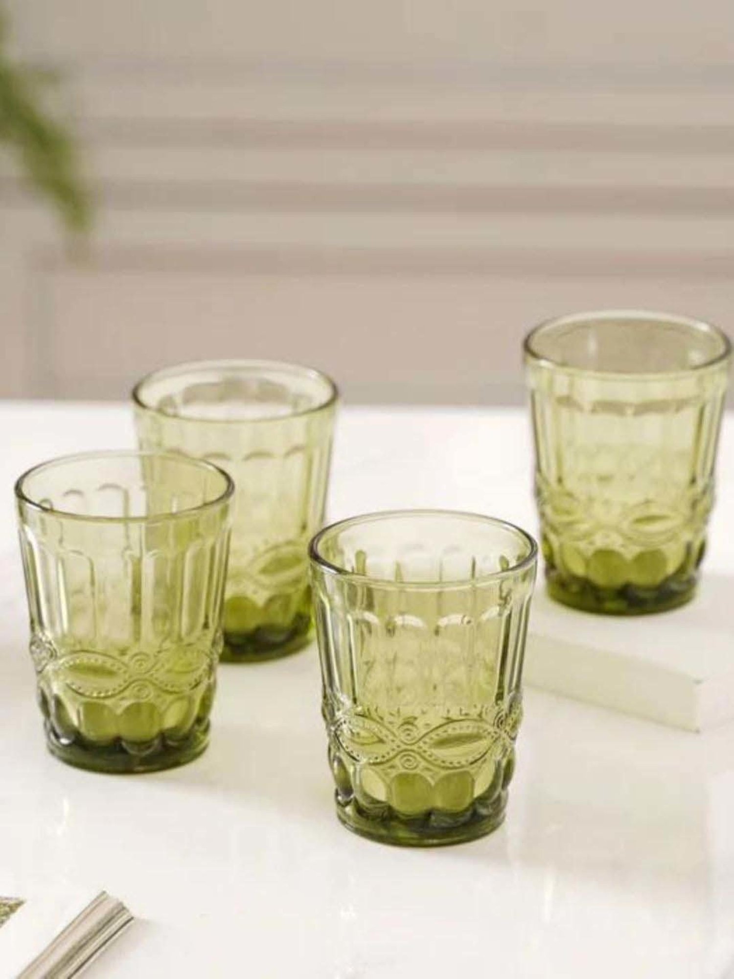 Nestasia Premium Quality Vintage Textured Green Translucent Water Glass For Serving Drinks(Set Of 4)