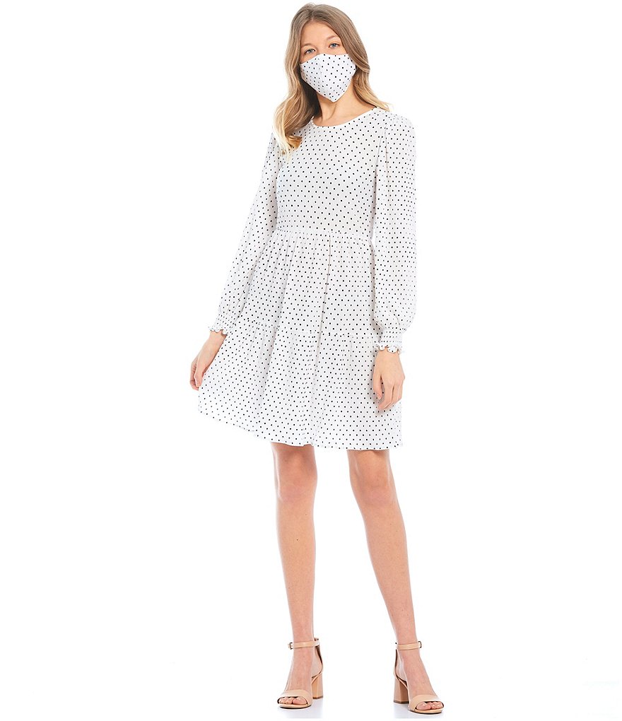 Midnight Doll Long-Sleeve Tiered Dotted Print Babydoll Dress