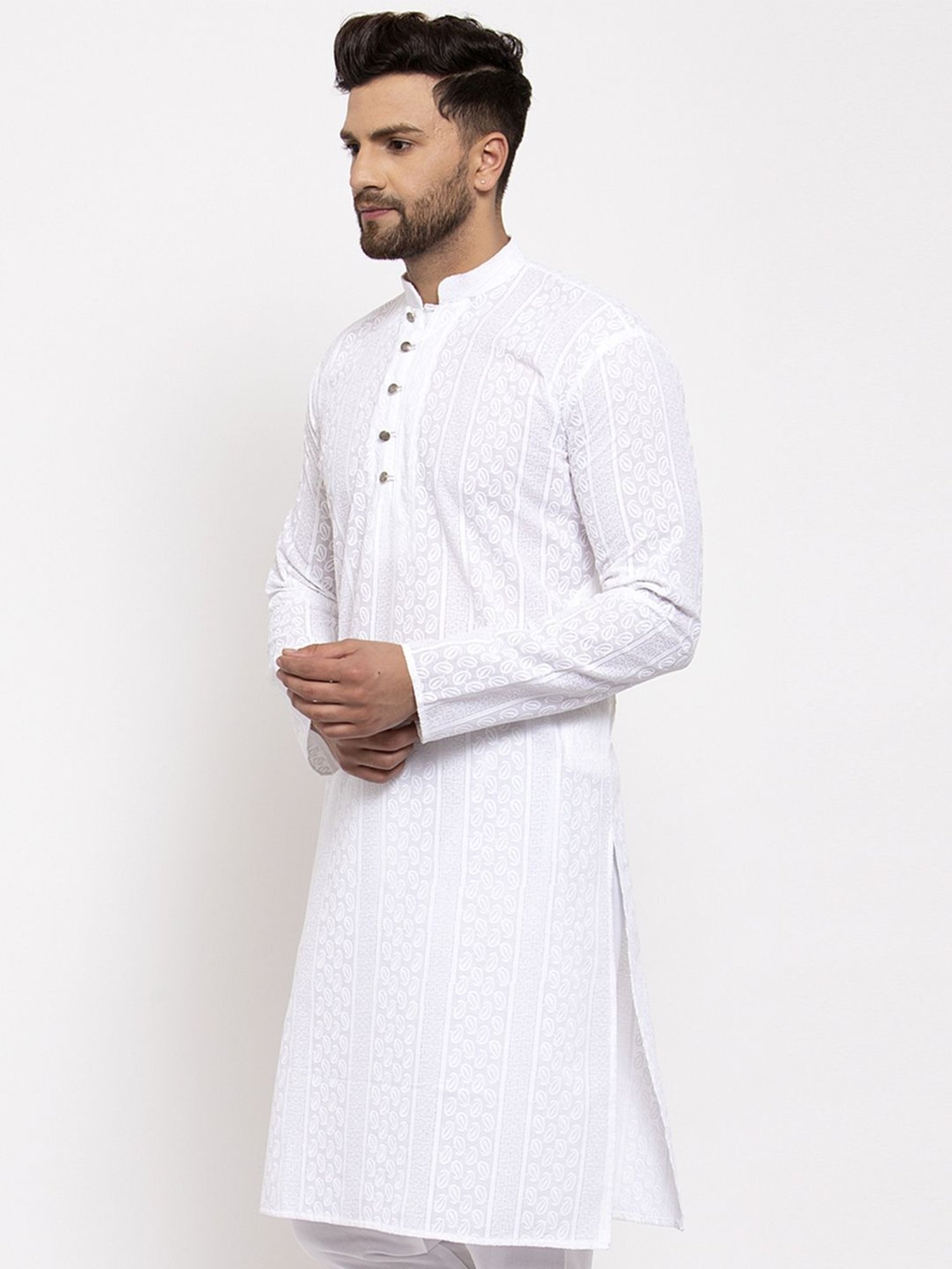 Jompers White Cotton Regular Fit Embroidered Kurta