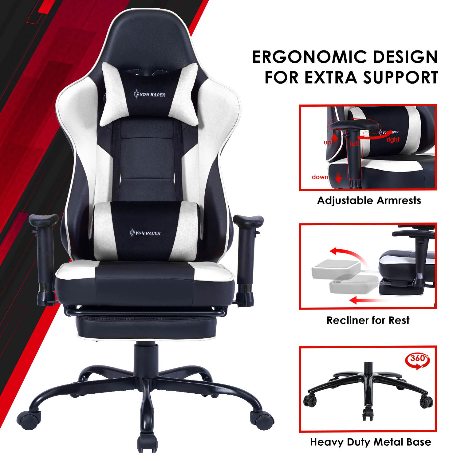 VON RACER Massage Gaming Chair - High Back Racing PC Computer Desk Office Chair Swivel Ergonomic Executive Leather Chair with Footrest and Adjustable Armrests(Grey)