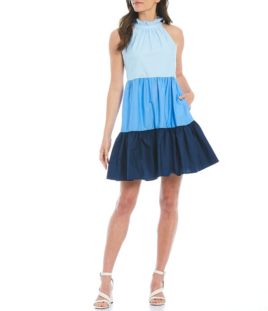 Eliza J Color Block Cotton Sleeveless Halter Trapeze Dress