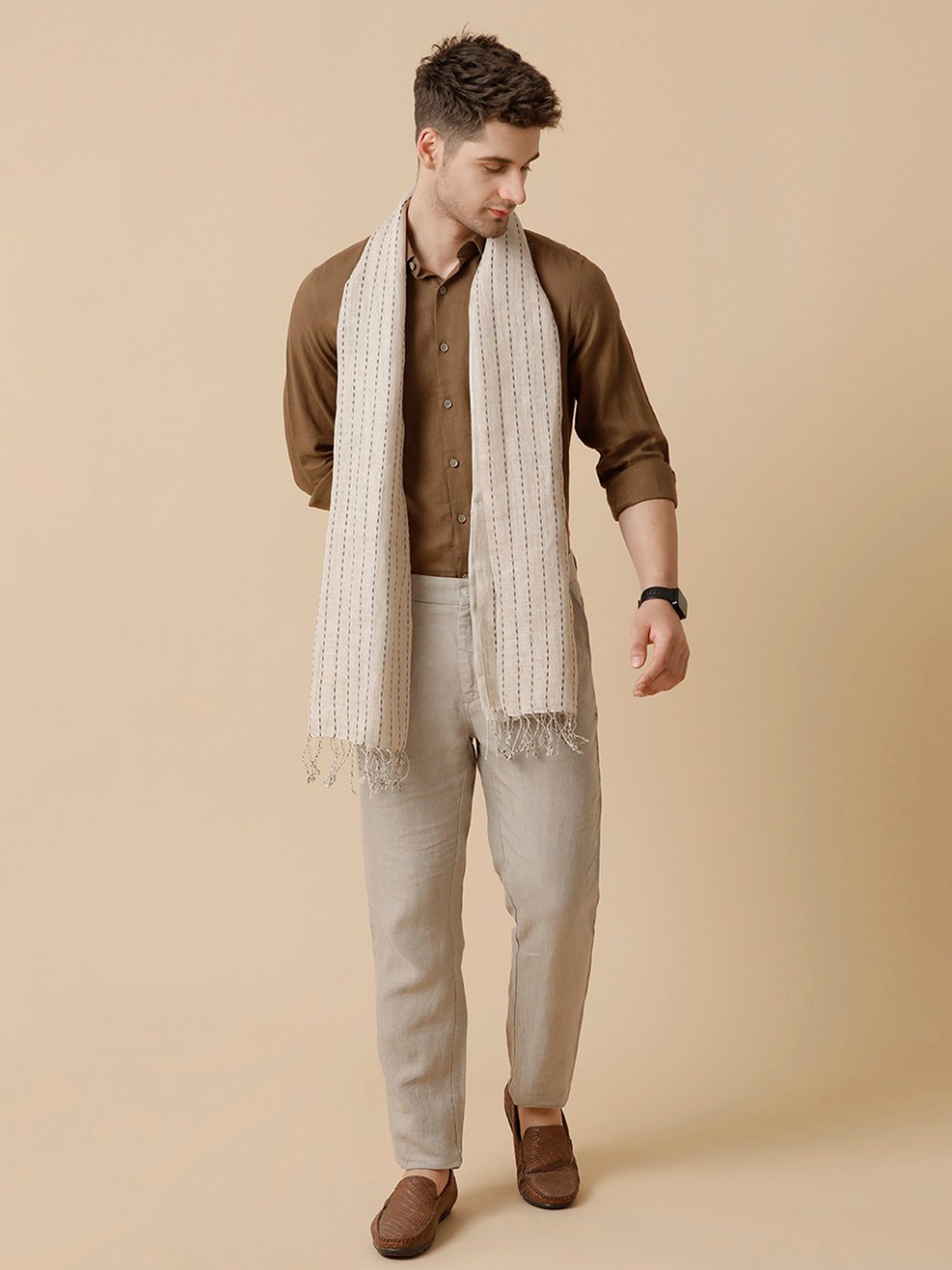 Linen Club Beige Striped Stole