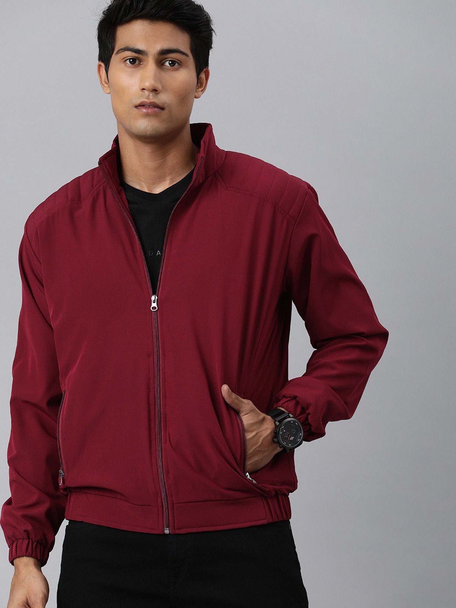 VOXATI Maroon Full Sleeves Mandarin Collar Jacket